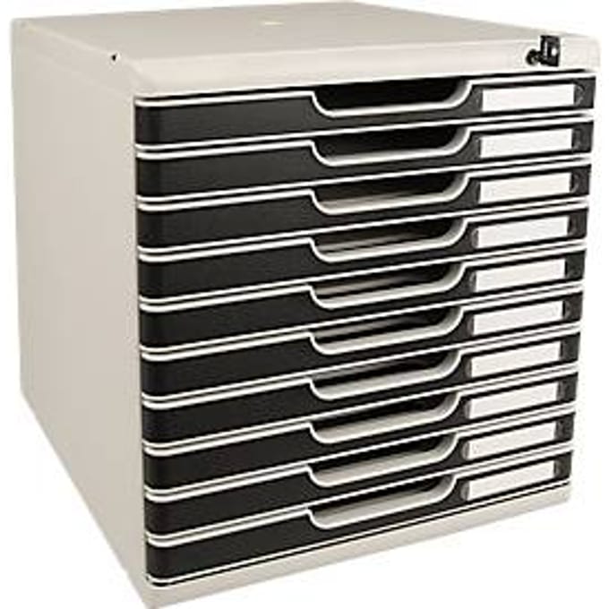 Ladebox MODULO, formaat A4+, 10 afsluitbare lades, gesloten, verzonken greep & etikethouder, 2 sleutels, kunststof, grijs