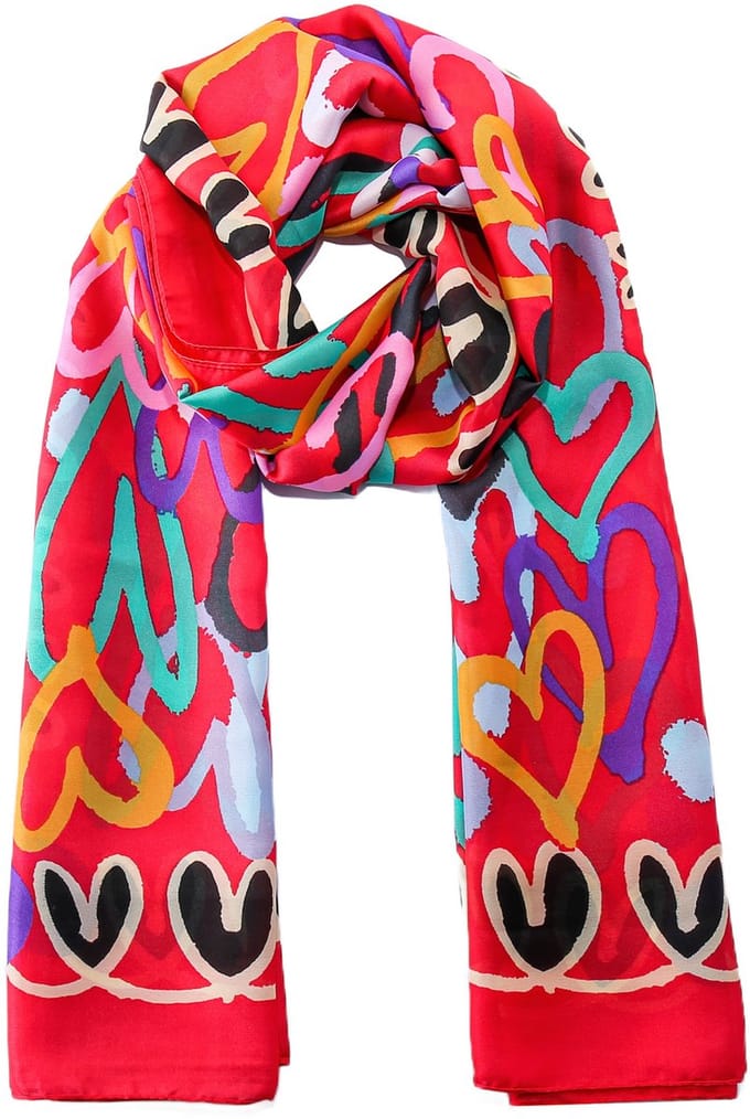 Emilie scarves - sjaal - print - lang - harten - rood - satijn