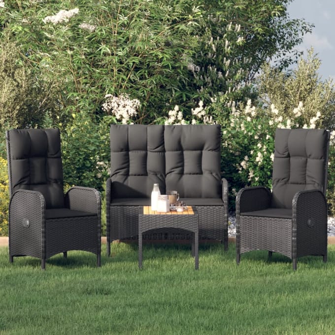 vidaXL - 4-delige - Tuinset - met - kussens - poly - rattan - zwart