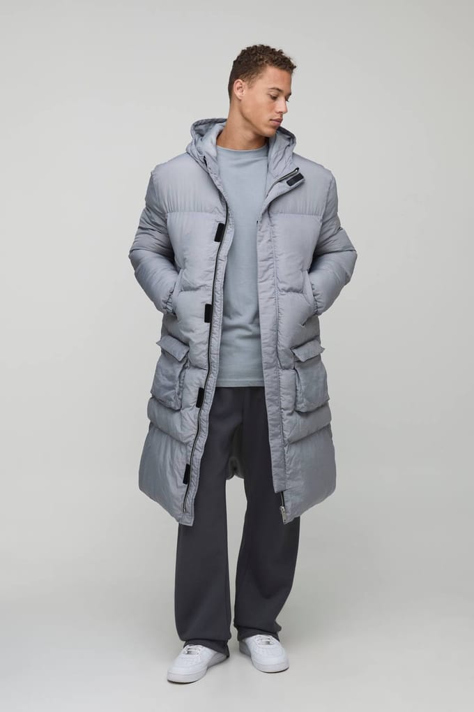 Tall 4 Pocket Longline Hooded Puffer Jacket in Black | Grey | Size Small
