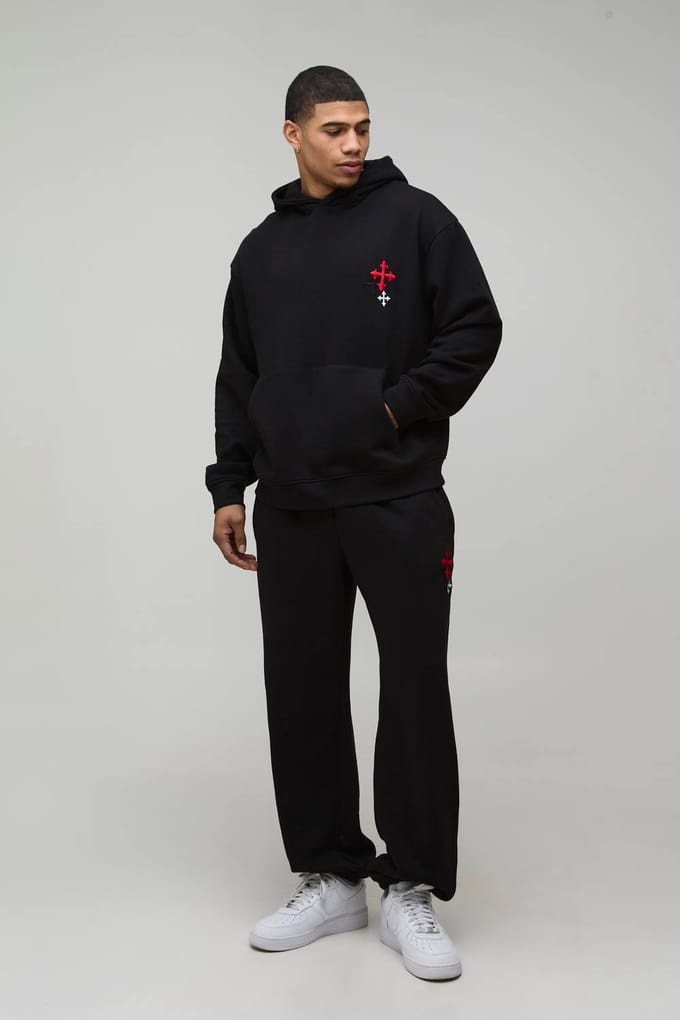 Oversized Geborduurde Kruis Hooded Trainingspak | Black | Size Medium