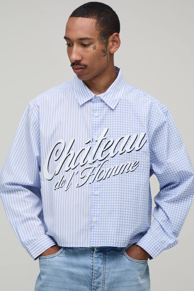 Oversized Crop Spliced Front Print Shirt | Blue | Size Medium