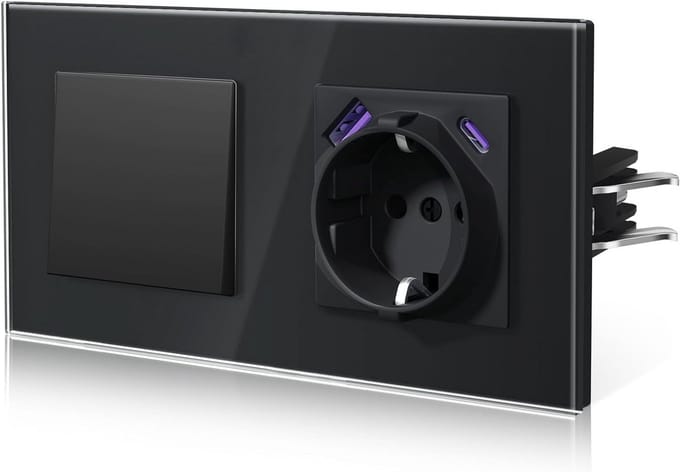 Inbouw Lichtschakelaar Glas met Stopcontact en USB-C Oplader Zwart