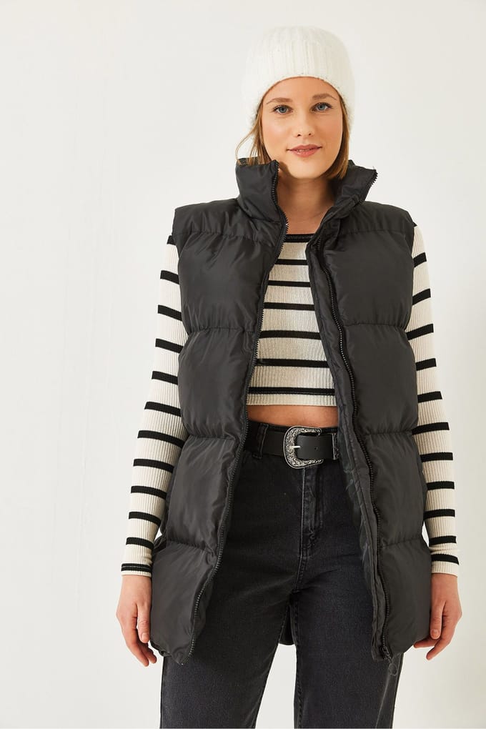 Lange Hooded Neplederen Vest met Ritssluiting en Zak