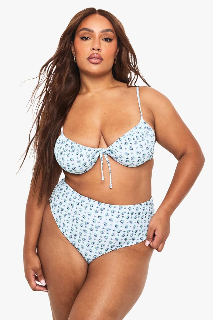 boohoo Dames Plus Gingham Bloemenprint Bikini Top met beugels | Babyblauw | Maat: 52