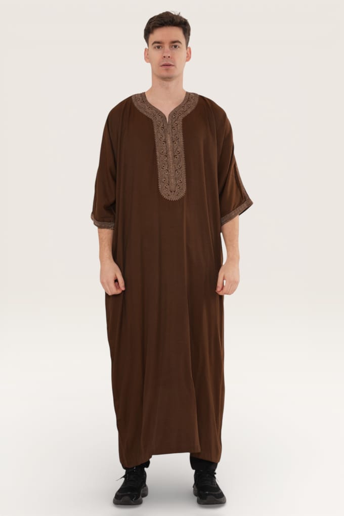 Mens bruin Ramadan Marokkaanse Thobe gewaad Djellaba Gandoura Eid Jubba LFS-HM67
