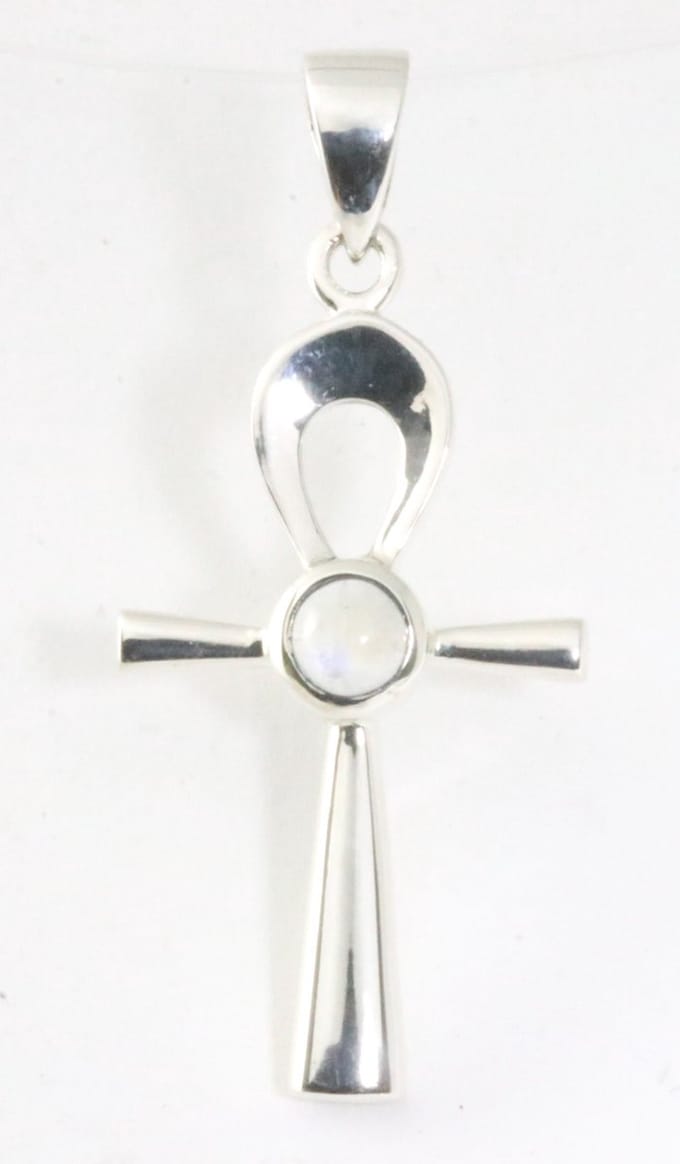 Fijne zilveren ankh hanger met regenboog maansteen