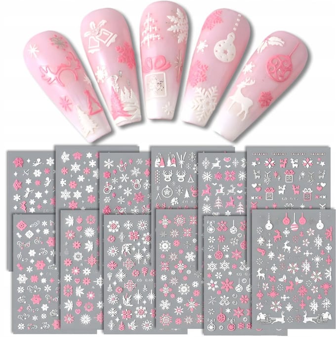 Frezarkowo - Zelfklevende Nagelstickers - 3D - 12 stuks - Kerstontwerpen
