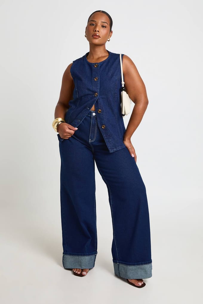 boohoo Dames Plus Gilet Met Hoornknopen | Indigo | Maat: 44