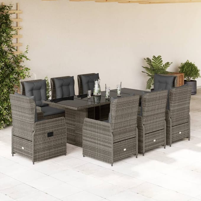 vidaXL - 9-delige - Tuinset - met - kussens - poly - rattan - grijs