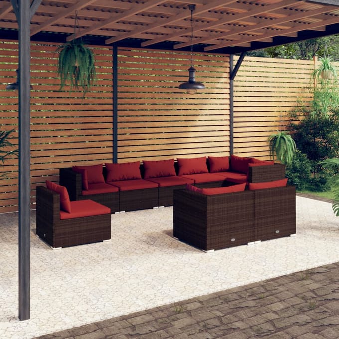 vidaXL - 9-delige - Loungeset - met - kussens - poly - rattan - bruin