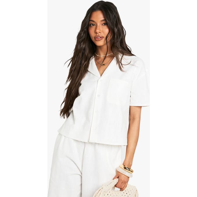 boohoo Dames Linnen-look kortmouwshirt | Wit | Maat: 40