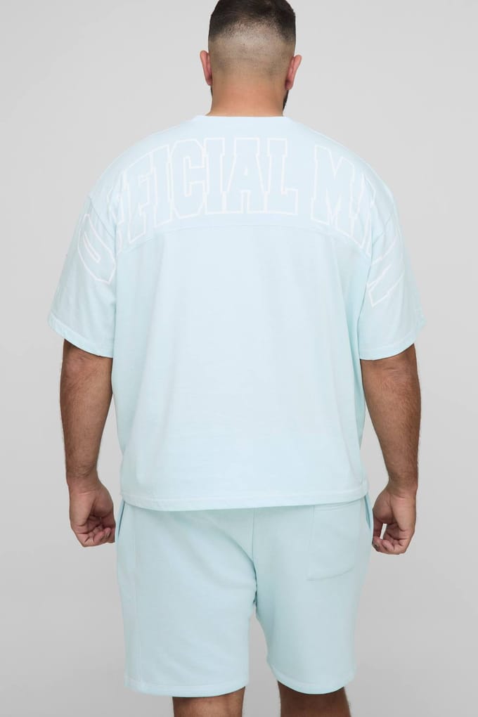 Plus Official Men's Contrast Stitch Oversized Boxy T-Shirt en Relaxed Jersey Short Set | Light Blue | Size 2XL
