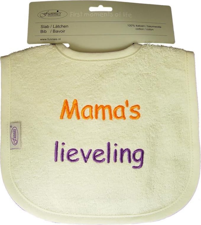 Funnies geborduurd tekst slabbetje: Mama's lieveling