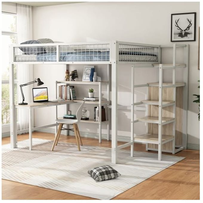 Lit mezzanine - MUVOE - 140x200 cm - Blanc - Armoire intégrée - Bureau spacieux blanc