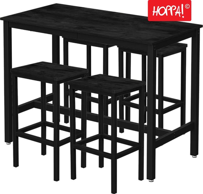 Hoppa! Bartafel- en barkrukkenset - Zwart - Bartafel 120×60×90 cm, 4 barkrukken 30×40×65 cm (L×B×H)