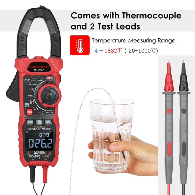 HABOTEST AC Digitale Stroomtang True-RMS Multimeter Auto-Bereik Multi Tester Stroomtang met HT208D rood