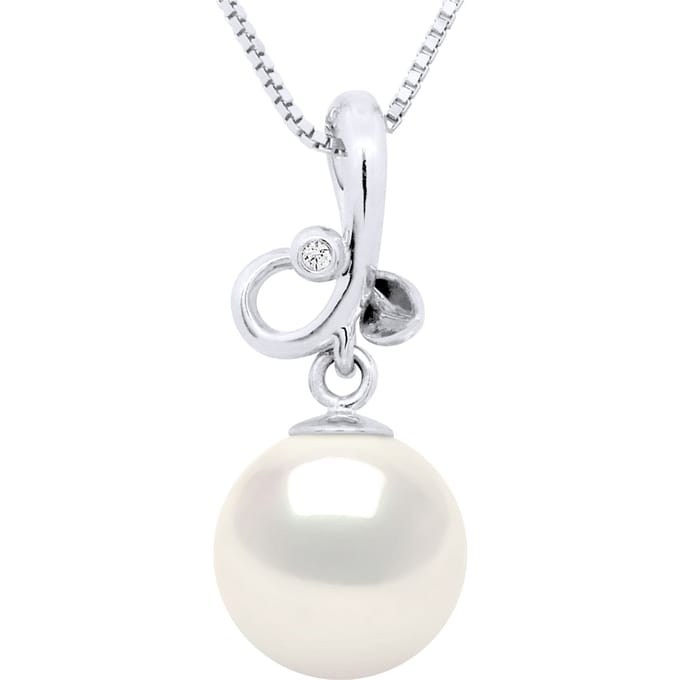 Hanger DRIELOOP Wit Goud Diamant 0,010 Cts - Echte Gecultiveerde Zoutwater Parel Rond 9-10 mm