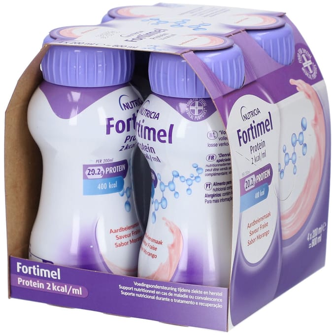 Fortimel Protein 2kcal Aardbeiensmaak Voedingssupplement Ondervoeding 4x200 Oplossing