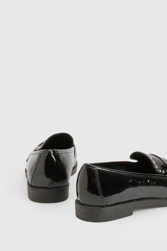boohoo Dames Patentleerloafer met studs | Black | Maat: 3