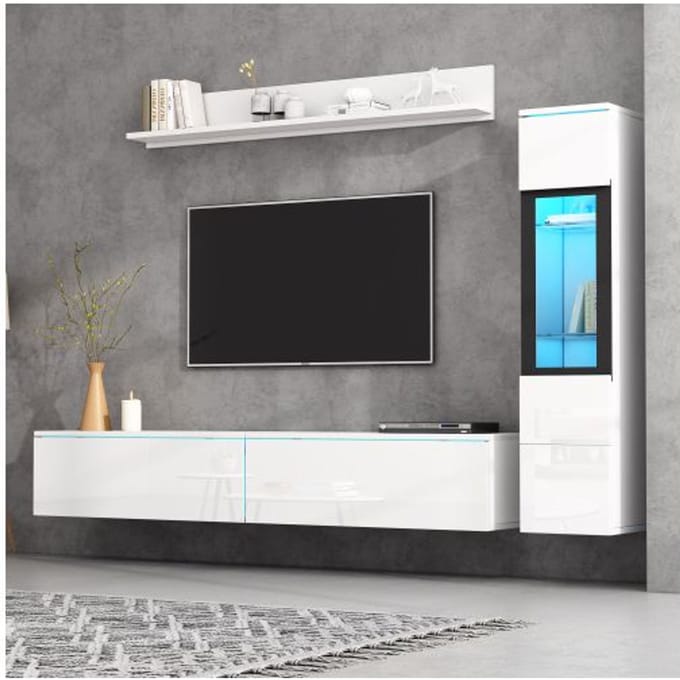 Ensemble mural - MUVOE - Blanc - 1 x armoire murale - 1 x étagère - 1 x unité TV blanc