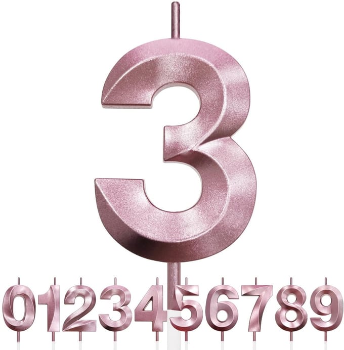 Dailygoods - 3D Verjaardagskaars voor 3 Jaar in Roségouden Glitter