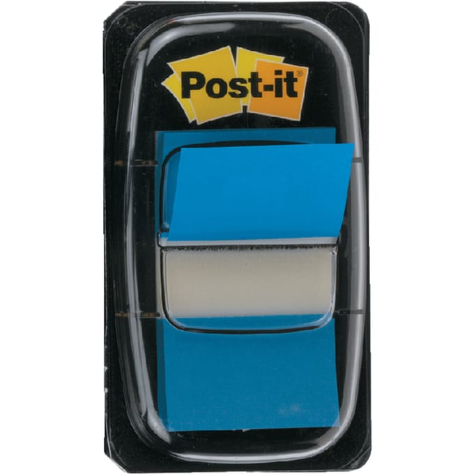 Post-it Index standaard, ft 25,4 x 43,2 mm, blauw, houder met 50 tabs