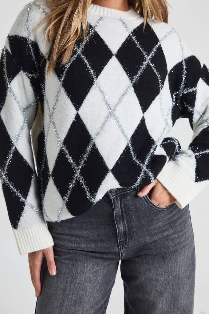 boohoo Dames Glitter Argyle-print oversized trui | Mono | Maat: Small