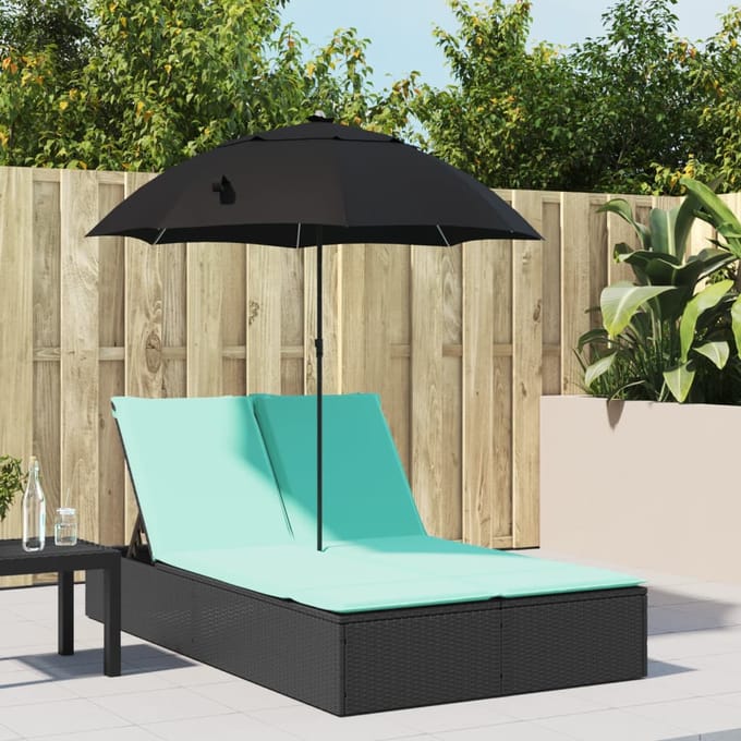 vidaXL - Ligbed - 2-persoons - met - kussens - en - parasol - poly - rattan - zwart