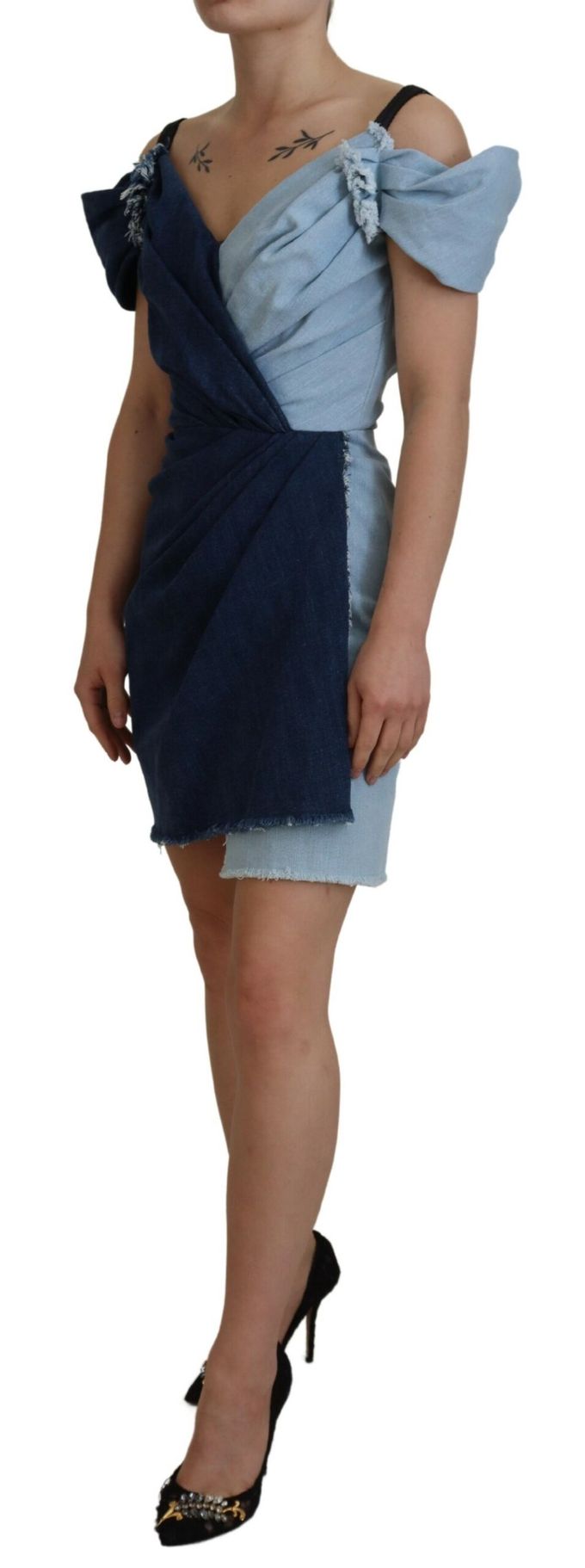 Denim Mini Jurk Tweekleurige Wikkelstijl