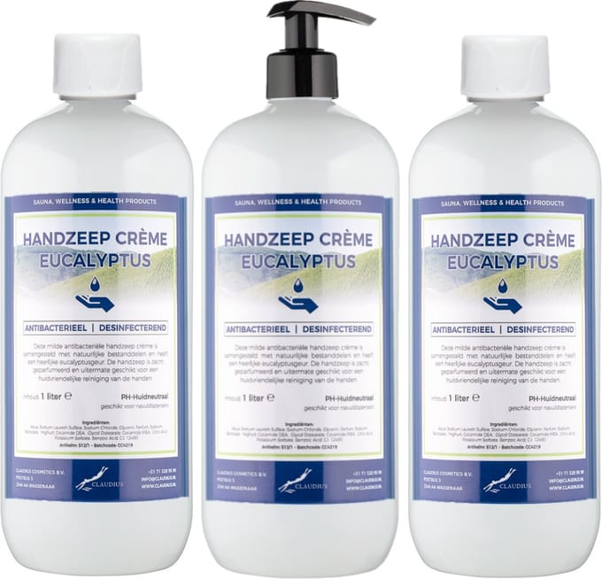 Handzeep Crème Eucalyptus 1 liter - met gratis pomp - set van 3 stuks