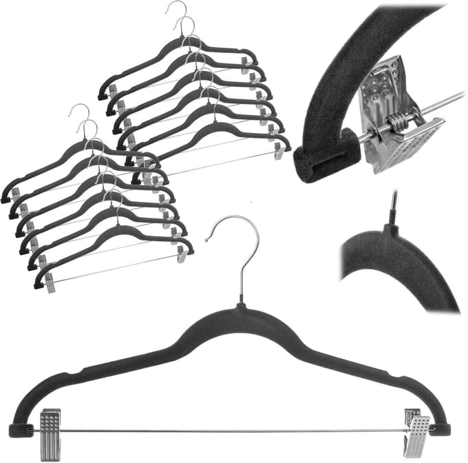 Aube flocked kledinghanger met clips, donkergrijs, 12 stuks