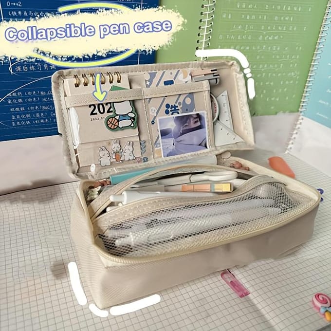 1 Stuks Eenvoudige Pennenhouder met Grote Capaciteit Koreaanse Creatieve Multifunctionele Etui voor Middelbare Scholieren Make-uptas 1pc beige