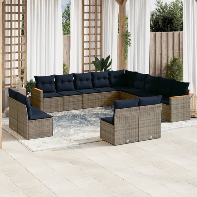 vidaXL - 13-delige - tuinbankset - met - kussens, - grijs - polyrotan