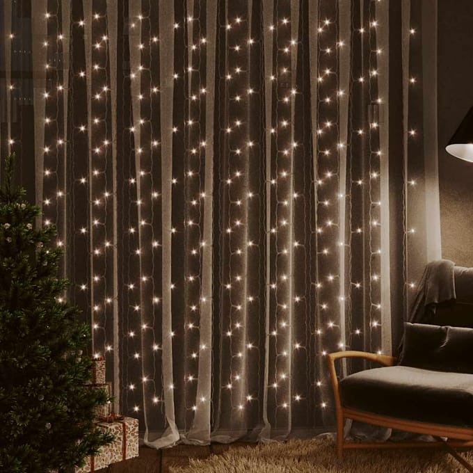 vidaXL - Lichtsnoergordijn - met - 300 - LED's - en - 8 - functies - 3x3 - m - warmwit