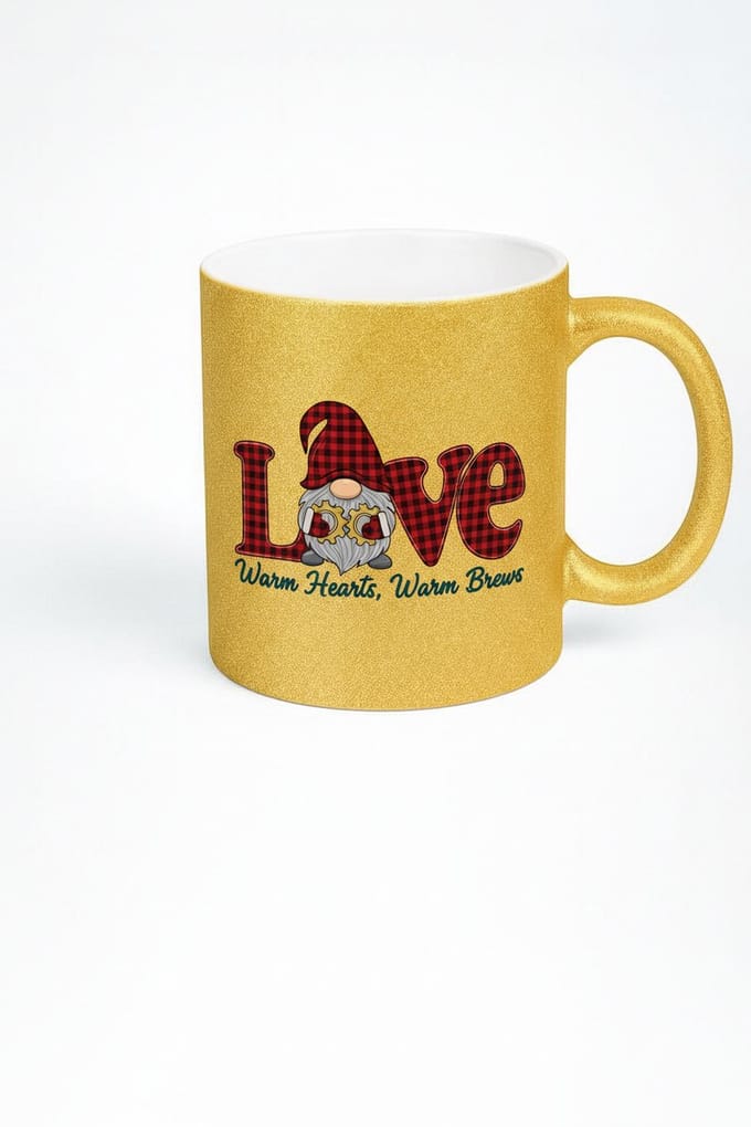 Gouden Glitter Mok Liefde Kabouter | Plaid Patroon | Warm Hearts, Warm Brews Cadeau