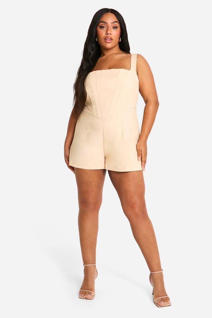 boohoo Dames Plus Geweven Corset Playsuit | Camel | Maat: 56