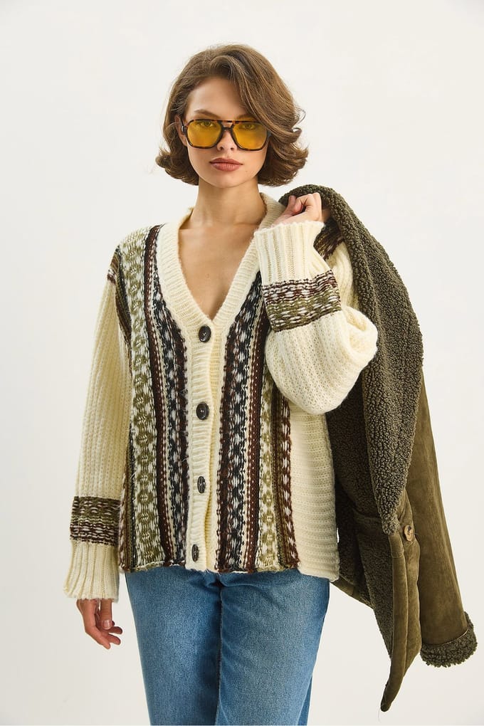 Etnische Print V-hals Lange Mouw Knopen Sluiting Cardigan