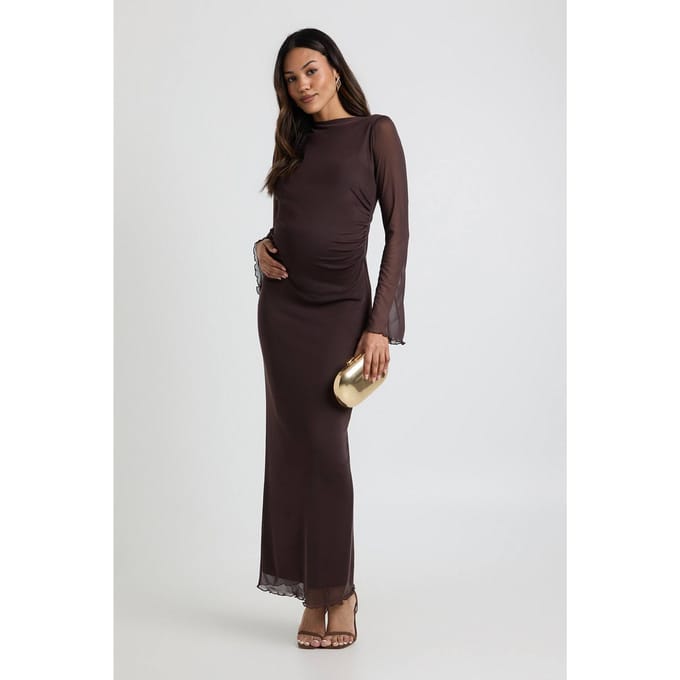 boohoo Dames Zwangerschaps maxi-jurk met mesh | Chocoladebruin | Maat: 38