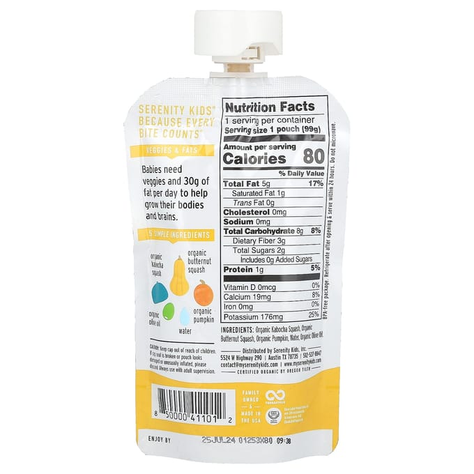 Serenity Kids, Biologische Pompoen, 6 maanden+, Kabocha Pompoen, Butternut, Pompoen en Olijfolie, 3,5 oz (99 gram) white