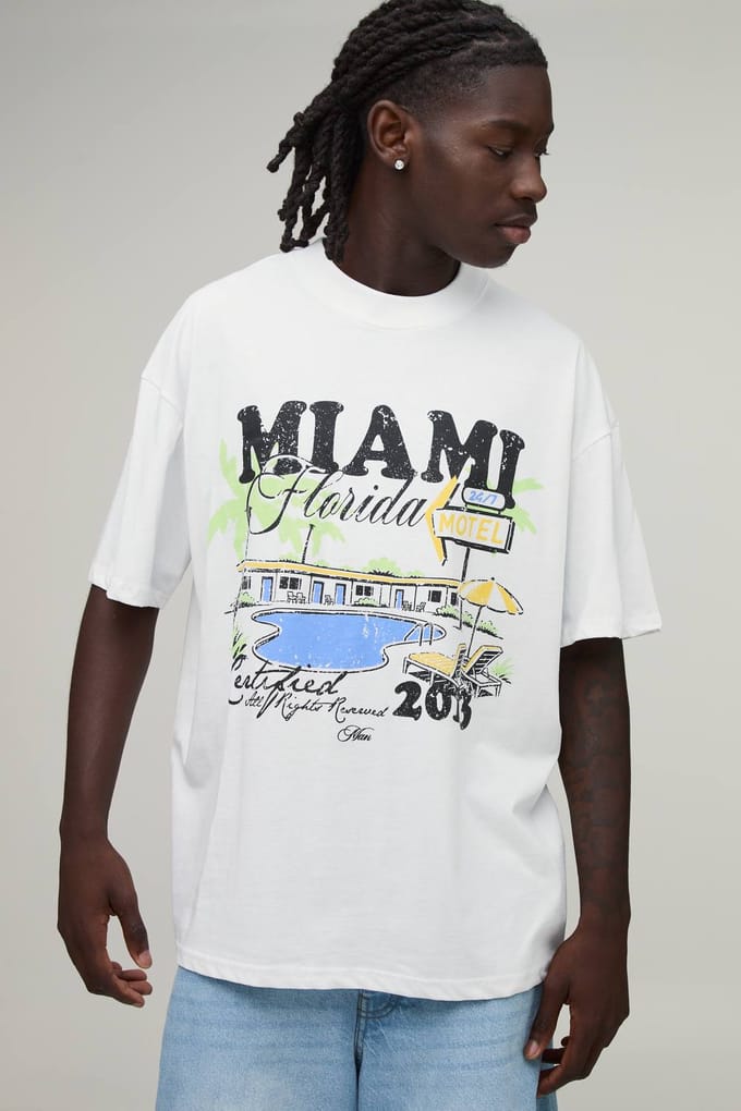 Wit Oversized T-shirt Met Miami Zwembad Print | White | Size Small