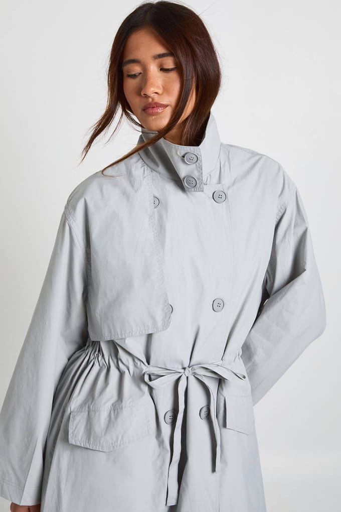 boohoo Dames Getextureerde Trenchcoat Met Getailleerde Taille En Trechterhalskraag | Grey | Maat: 12