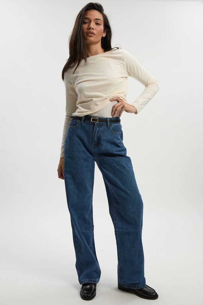 Dames Boohoo Basics High Waisted Boyfriend Jeans | Mid Blue | Maat: 8/32L