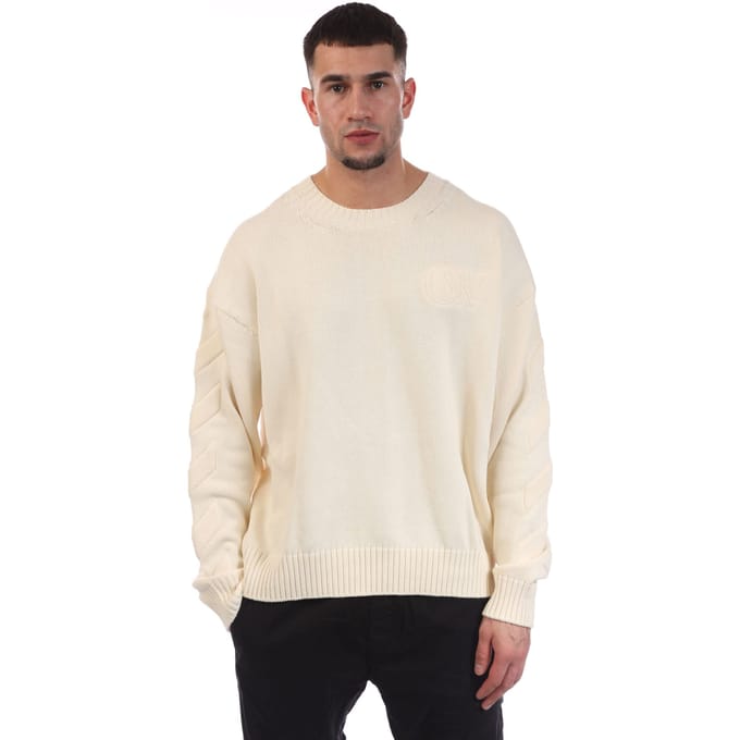 Off White 3D diagonaal gebreide crewneck sweatshirt voor heren in crèmekleur