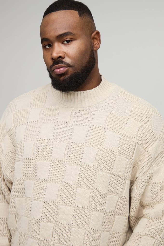 Plus Oversized Roll Neck Rib Mixed Cable Knitted Jumper | Stone | Size 2XL