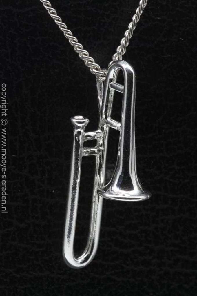 Zilveren Trombone groot ketting hanger