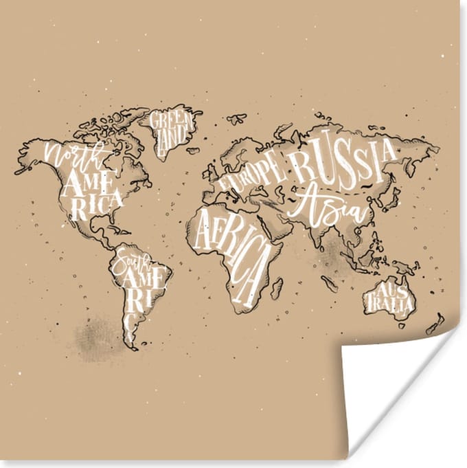 Muurdecoratie - Wereldkaart - Bruin - Wit - Letters - 50x50 cm - Poster