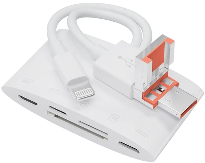5 IN 1 - 8-Pin + USB-C + USB naar USB-C + 8-Pin + Micro-USB + SD + Micro SD (tf) kaartlezer adapter - geschikt voor iPhone en laptop - multifunctioneel - wit