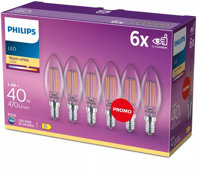 Philips LED lamp - Kaarslamp met E14 fitting - Warmwit licht: 2700K - 40W - Helder glas - 6-pack