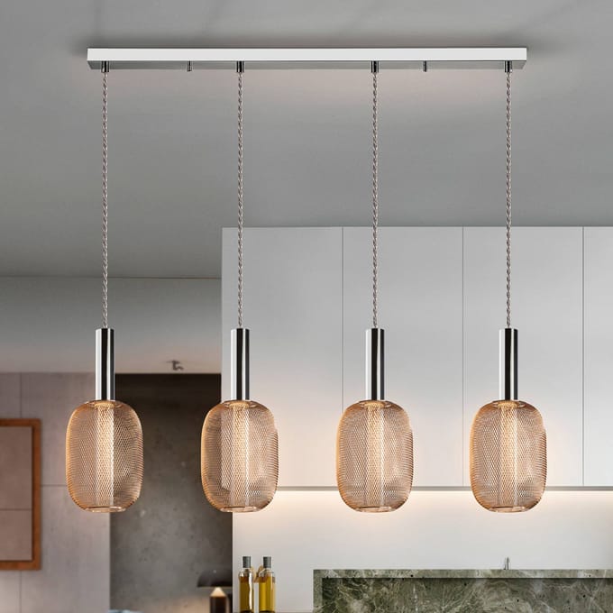 Schuller Valencia Micron LED hanglamp, balk, 4-lamps, chroom, goud